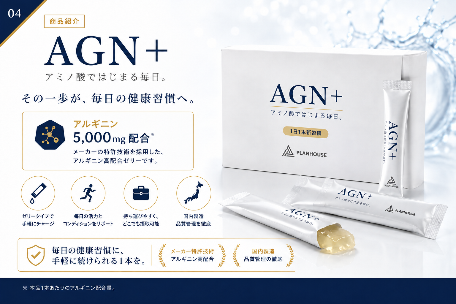 AGN+ アミノ酸ゼリー パッケージと製品写真